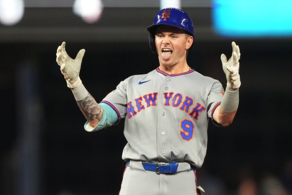 Sep 8, 2026; Miami, Florida, USA;  New York Mets center fielder A.J. Ewing (9) celebrates a double in the fifth inning against the Miami Marlins at loanDepot Park.  Mandatory Credit: Jim Rassol-Imagn Images