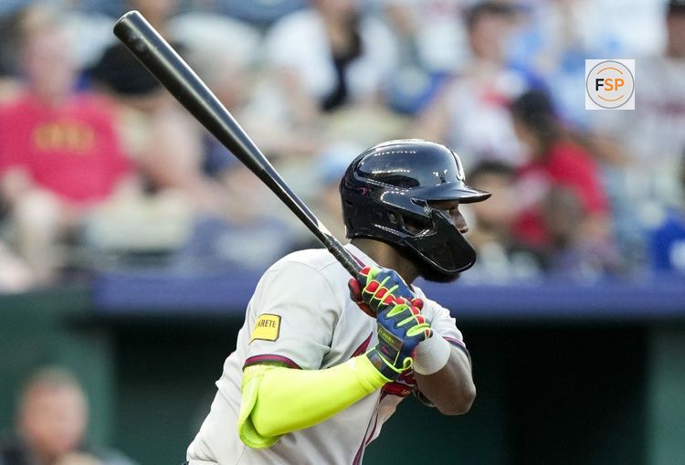 Jul 29, 2025; Kansas City, Missouri, USA; Atlanta Braves center fielder Michael Harris II (23) hits a single during the sixth inning against the Kansas City Royals at Kauffman Stadium. Credit: Jay Biggerstaff-Imagn Images