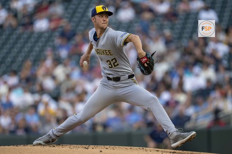 Jun 20, 2025; Minneapolis, Minnesota, USA; Milwaukee Brewers starting pitcher Jacob Misiorowski (32) delivers a pitch against the Minnesota Twins in the first inning at Target Field. Credit: Jesse Johnson-Imagn Images