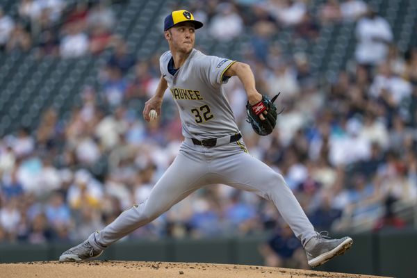 Jun 20, 2025; Minneapolis, Minnesota, USA; Milwaukee Brewers starting pitcher Jacob Misiorowski (32) delivers a pitch against the Minnesota Twins in the first inning at Target Field. Mandatory Credit: Jesse Johnson-Imagn Images