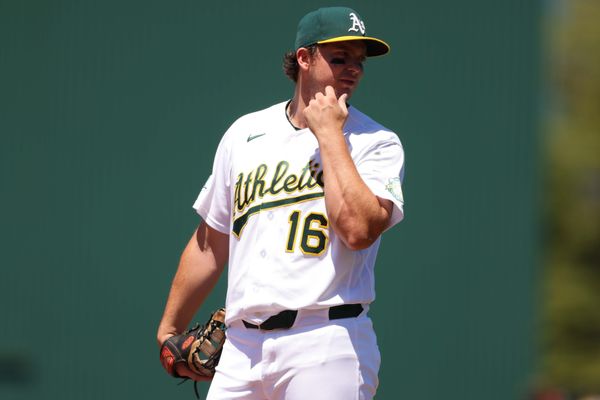 Jun 21, 2026; West Sacramento, California, USA; Athletics first baseman Nick Kurtz (16) looks on during the sixth inning against the Los Angeles Angels at Sutter Health Park. Mandatory Credit: Scott Marshall-Imagn Images