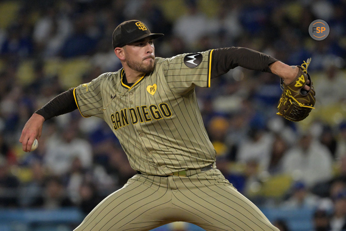 Sep 26, 2024; Los Angeles, California, USA;  San Diego Padres starting pitcher Joe Musgrove (44) delivers to the plate in the first inning against the Los Angeles Dodgers at Dodger Stadium. Credit: Jayne Kamin-Oncea-Imagn Images