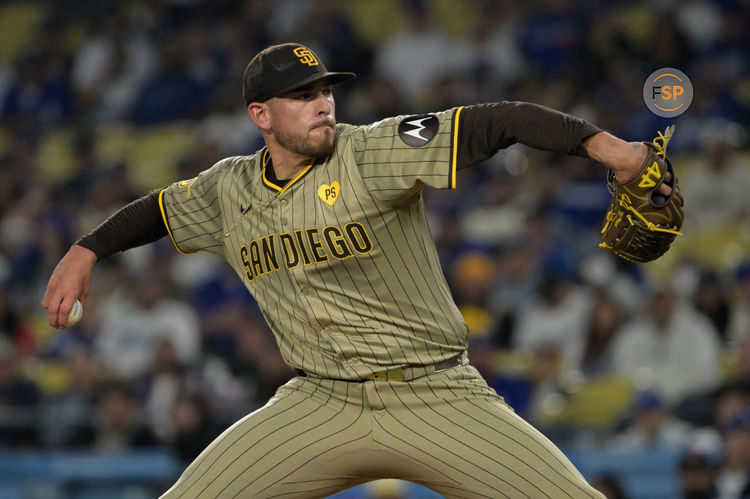 Sep 26, 2024; Los Angeles, California, USA;  San Diego Padres starting pitcher Joe Musgrove (44) delivers to the plate in the first inning against the Los Angeles Dodgers at Dodger Stadium. Credit: Jayne Kamin-Oncea-Imagn Images