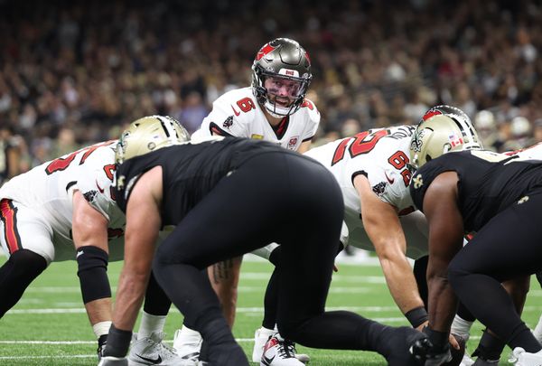Oct 26, 2025; New Orleans, Louisiana, USA; Tampa Bay Buccaneers quarterback Baker Mayfield (6) directs a play during the first quarter against the New Orleans Saints  at Caesars Superdome. Mandatory Credit: Stephen Lew-Imagn Images