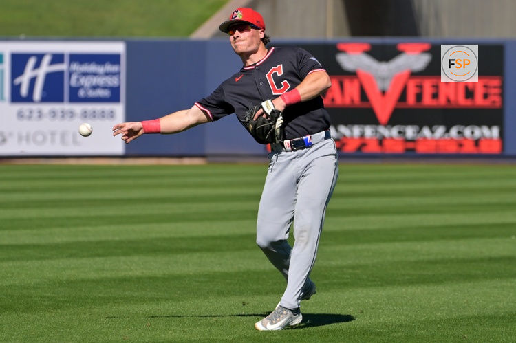 Feb 21, 2026; Phoenix, Arizona, USA;  Cleveland Guardians second baseman Travis Bazzana (72) makes a play  in the fourth inning against the Milwaukee Brewers at American Family Fields of Phoenix. Credit: Jayne Kamin-Oncea-Imagn Images