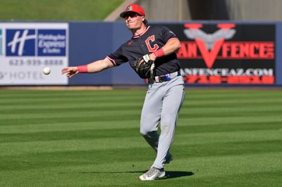 Feb 21, 2026; Phoenix, Arizona, USA;  Cleveland Guardians second baseman Travis Bazzana (72) makes a play  in the fourth inning against the Milwaukee Brewers at American Family Fields of Phoenix. Mandatory Credit: Jayne Kamin-Oncea-Imagn Images