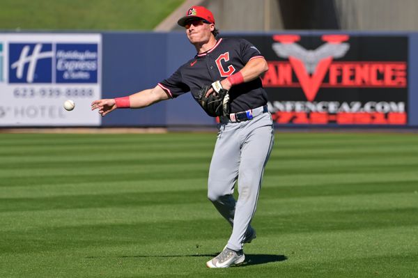 Feb 21, 2026; Phoenix, Arizona, USA;  Cleveland Guardians second baseman Travis Bazzana (72) makes a play  in the fourth inning against the Milwaukee Brewers at American Family Fields of Phoenix. Mandatory Credit: Jayne Kamin-Oncea-Imagn Images