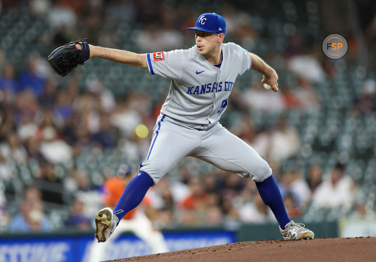 May 13, 2025; Houston, Texas, USA; Kansas City Royals starting pitcher Kris Bubic (50) pitches against the Houston Astros in the first inning at Daikin Park. Credit: Thomas Shea-Imagn Images