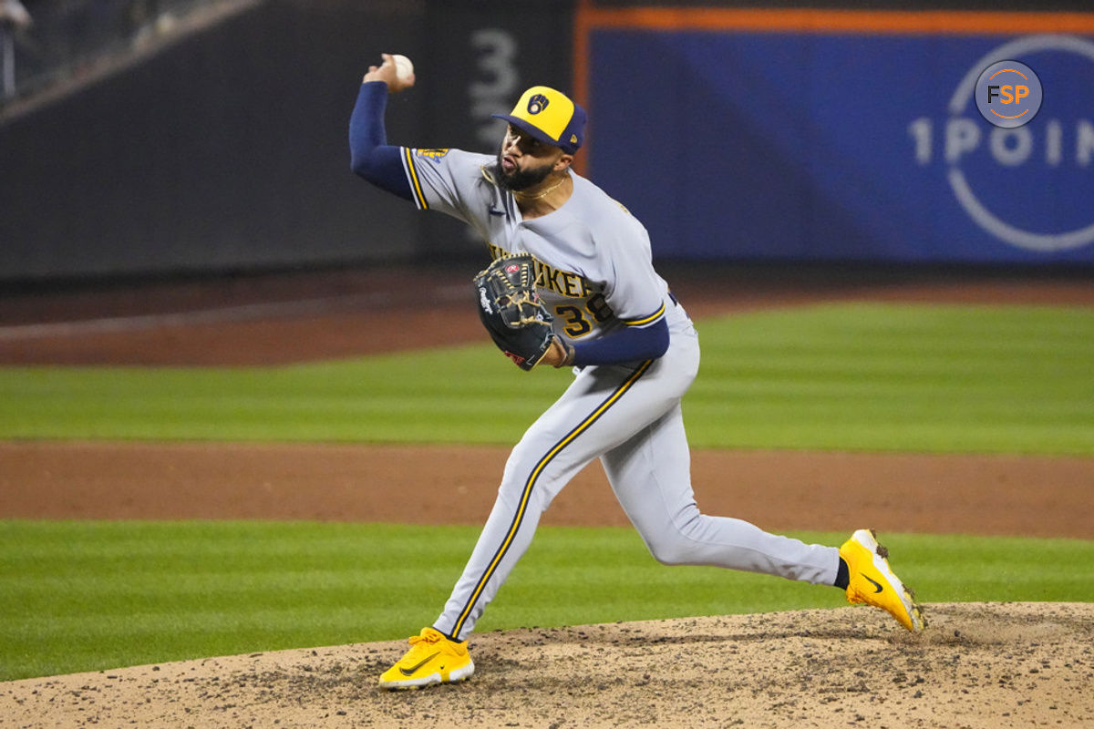 FLUSHING, NY - JUNE 29: Milwaukee Brewers Pitcher Devin Williams (38) delivers a pitch during the ninth inning of a Major League Baseball game between the Milwaukee Brewers and New York Mets on June 29, 2023, at Citi Field in Flushing, NY. (Photo by Gregory Fisher/Icon Sportswire)