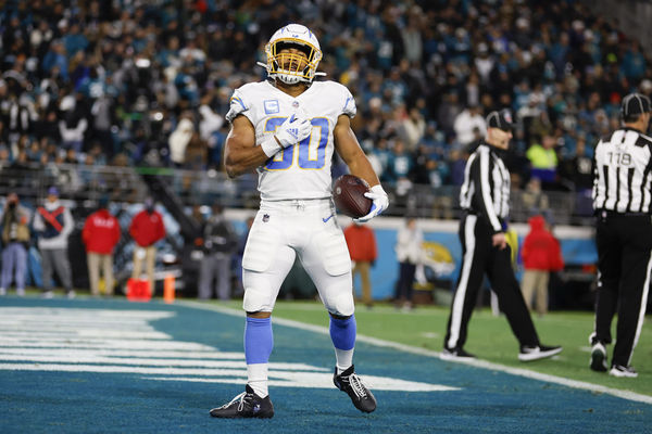 JACKSONVILLE, FL - JANUARY 14: Los Angeles Chargers running back Austin Ekeler (30) reacts after scoring a touchdown during the game between the Los Angeles Chargers and the Jacksonville Jaguars on January 14, 2023 at TIAA Bank Field in Jacksonville, Fl. (Photo by David Rosenblum/Icon Sportswire)