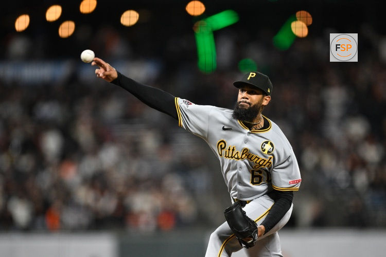 Jul 29, 2025; San Francisco, California, USA; Pittsburgh Pirates pitcher Dennis Santana (60) throws against the San Francisco Giants during the ninth inning at Oracle Park. Credit: Eakin Howard-Imagn Images