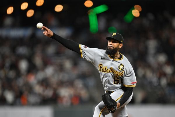 Jul 29, 2025; San Francisco, California, USA; Pittsburgh Pirates pitcher Dennis Santana (60) throws against the San Francisco Giants during the ninth inning at Oracle Park. Mandatory Credit: Eakin Howard-Imagn Images