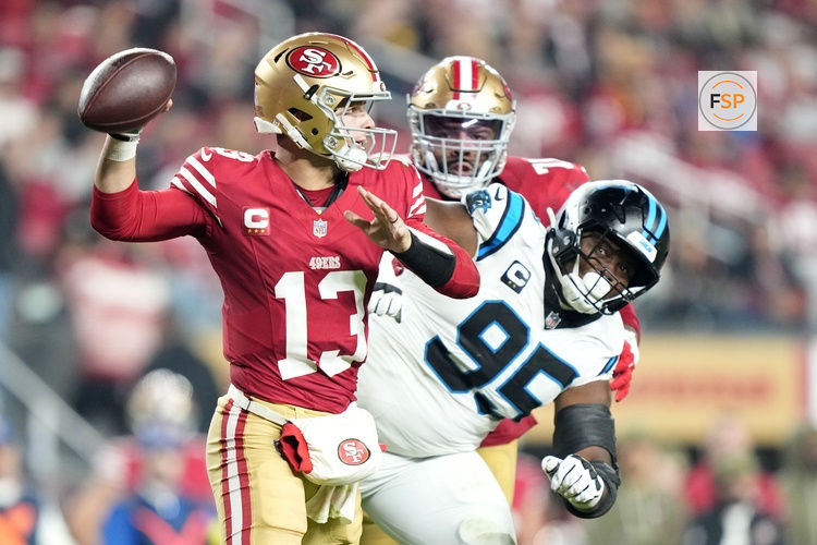 Nov 24, 2025; Santa Clara, California, USA; San Francisco 49ers quarterback Brock Purdy (13) drops back to pass against the Carolina Panthers during the first half at Levi's Stadium. Credit: Kyle Terada-Imagn Images