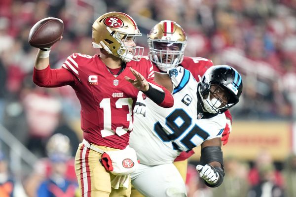 Nov 24, 2025; Santa Clara, California, USA; San Francisco 49ers quarterback Brock Purdy (13) drops back to pass against the Carolina Panthers during the first half at Levi's Stadium. Mandatory Credit: Kyle Terada-Imagn Images