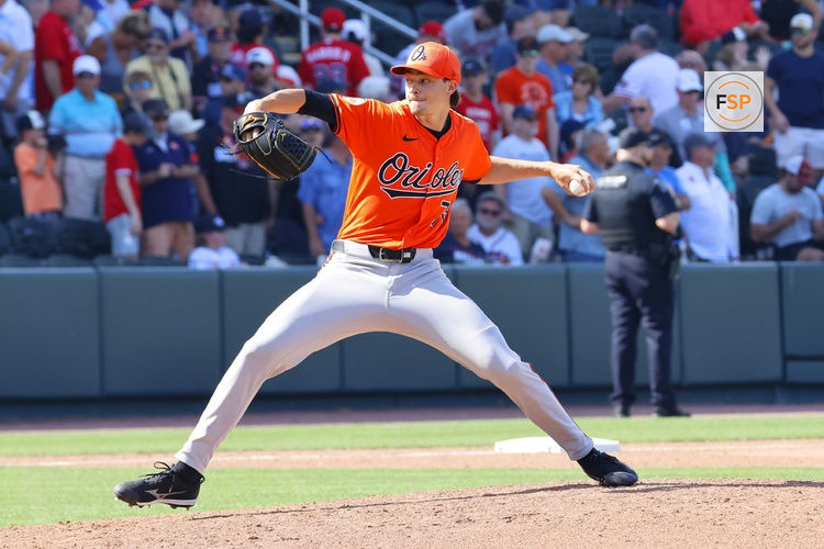 NORTH PORT, FL - MARCH 09: Orioles relief pitcher Cade Povich (76) delivers a pitch during the Saturday afternoon Spring Training baseball game between the Atlanta Braves and the Baltimore Orioles on March 9, 2024 at CoolToday Park in North Port, Florida. (Photo by David J. Griffin/Icon Sportswire)