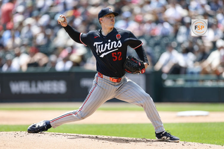 May 25, 2026; Chicago, Illinois, USA; Minnesota Twins starting pitcher Zebby Matthews (52) delivers a pitch against the Chicago White Sox during the first inning at Rate Field. Credit: Kamil Krzaczynski-Imagn Images