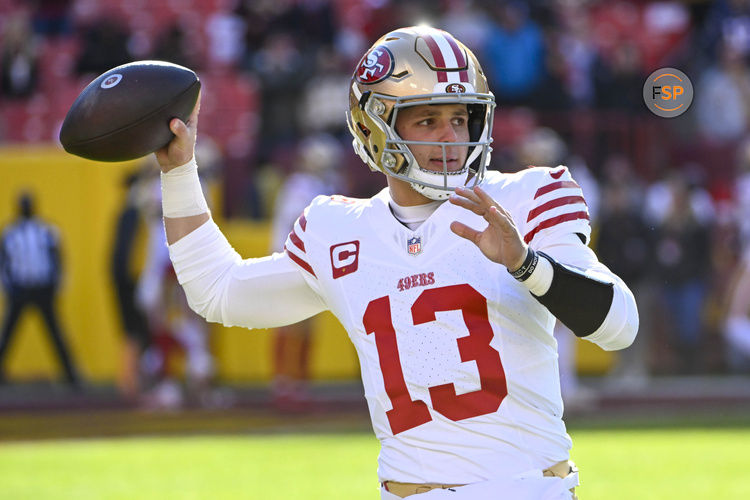 Dec 31, 2023; Landover, Maryland, USA; San Francisco 49ers quarterback Brock Purdy (13) warms up  before the game against the Washington Commanders at FedExField. Credit: Brad Mills-USA TODAY Sports