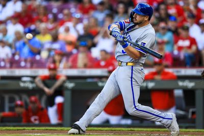Jun 3, 2026; Cincinnati, Ohio, USA; Kansas City Royals first baseman Vinnie Pasquantino (9) hits a two-run home run in the first inning against the Cincinnati Reds at Great American Ball Park. Mandatory Credit: Katie Stratman-Imagn Images