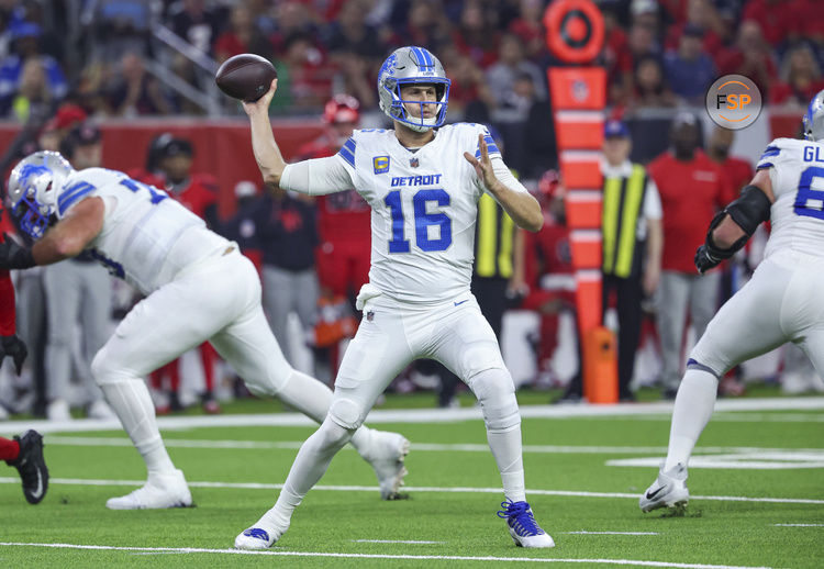 Nov 10, 2024; Houston, Texas, USA; Detroit Lions quarterback Jared Goff (16) attempts a pass during the first quarter against the Houston Texans at NRG Stadium. Credit: Troy Taormina-Imagn Images