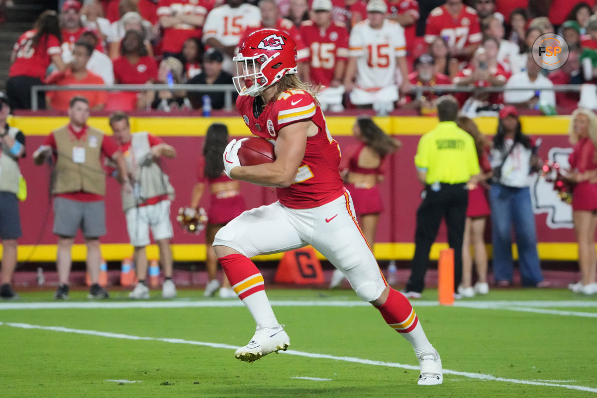 Sep 5, 2024; Kansas City, Missouri, USA; Kansas City Chiefs running back Carson Steele (42) returns a kick against the Baltimore Ravens during the game at GEHA Field at Arrowhead Stadium. Credit: Denny Medley-Imagn Images