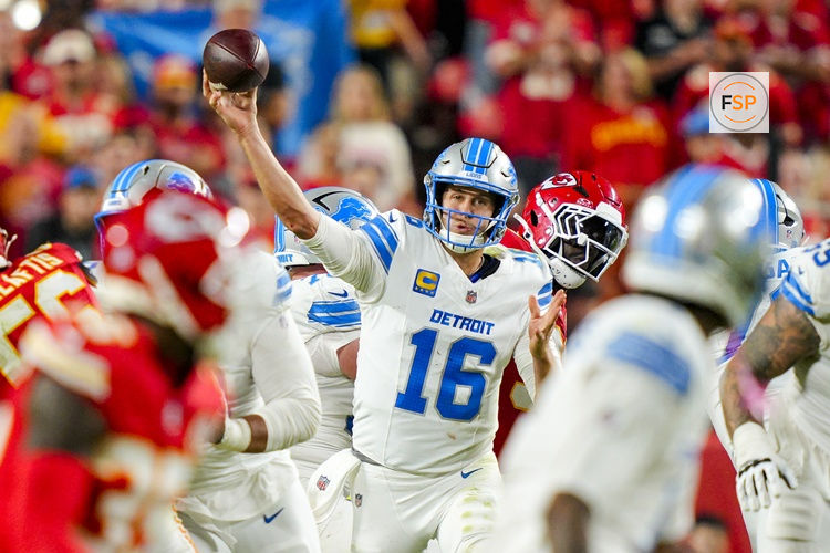 Oct 12, 2025; Kansas City, Missouri, USA; Detroit Lions quarterback Jared Goff (16) throws a pass during the second half against the Kansas City Chiefs at GEHA Field at Arrowhead Stadium. Credit: Jay Biggerstaff-Imagn Images