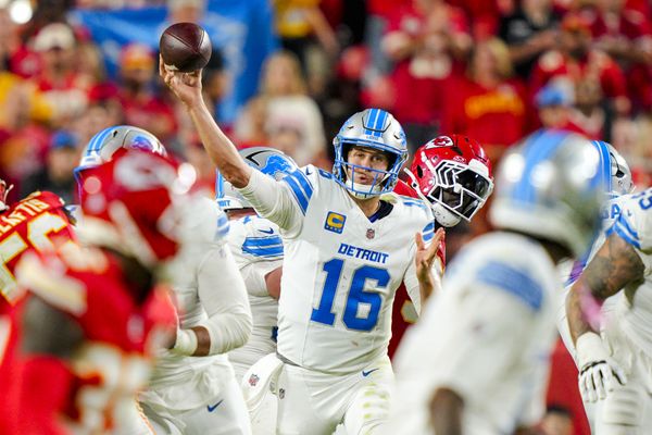 Oct 12, 2025; Kansas City, Missouri, USA; Detroit Lions quarterback Jared Goff (16) throws a pass during the second half against the Kansas City Chiefs at GEHA Field at Arrowhead Stadium. Mandatory Credit: Jay Biggerstaff-Imagn Images