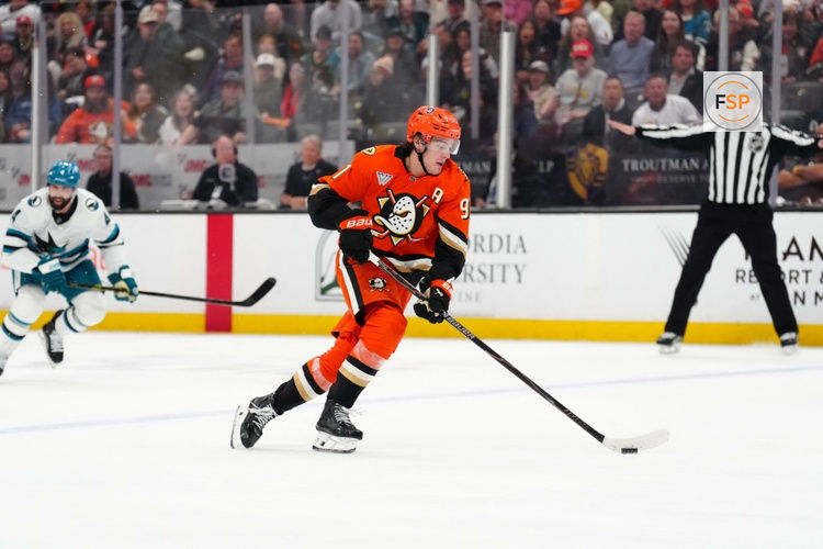 Apr 9, 2026; Anaheim, California, USA; Anaheim Ducks center Leo Carlsson (91) skates with the puck against the San Jose Sharks in the second period at Honda Center. Credit: Kirby Lee-Imagn Images