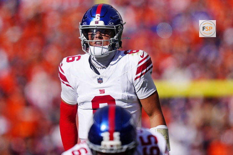Oct 19, 2025; Denver, Colorado, USA; New York Giants quarterback Jaxson Dart (6) reacts after a play during the first half against the Denver Broncos at Empower Field at Mile High. Credit: Ron Chenoy-Imagn Images