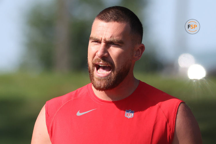 ST. JOSEPH, MO - JULY 23: Kansas City Chiefs tight end Travis Kelce (87) yells during training camp on July 23, 2023 at Missouri Western State University in St. Joseph, MO. (Photo by Scott Winters/Icon Sportswire)