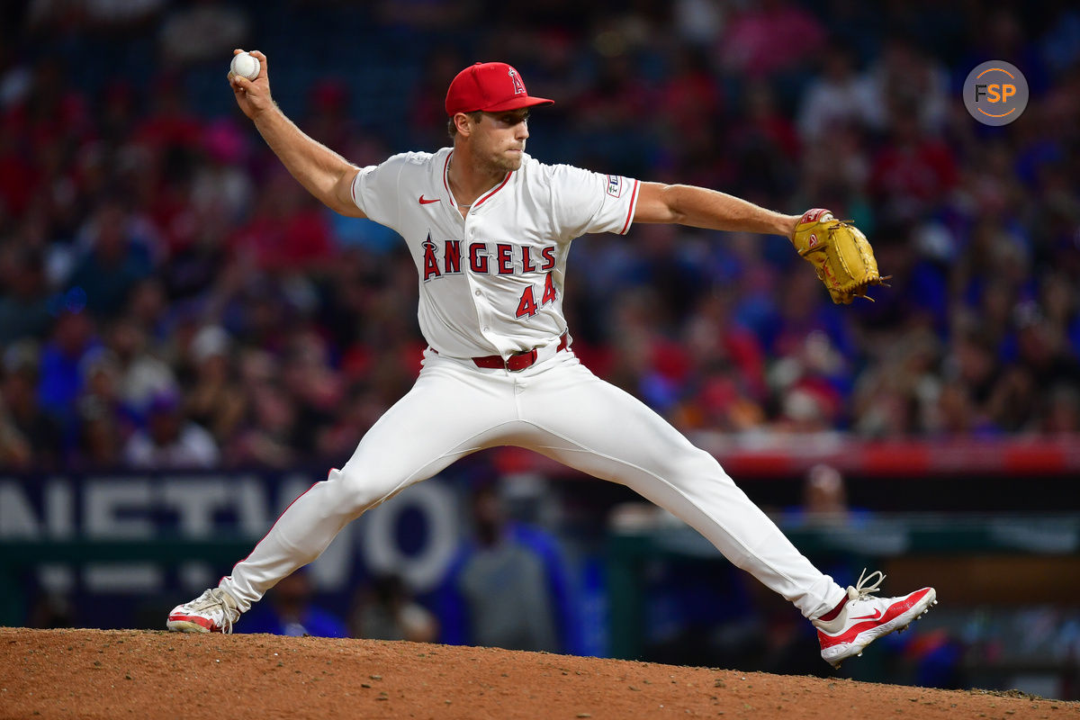 August 3, 2024; Anaheim, California, USA; Los Angeles Angels pitcher Ben Joyce (44) throws against the New York Mets during the ninth inning at Angel Stadium. Credit: Gary A. Vasquez-USA TODAY Sports