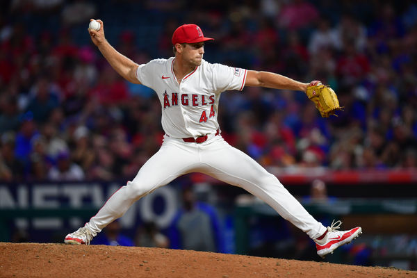 August 3, 2024; Anaheim, California, USA; Los Angeles Angels pitcher Ben Joyce (44) throws against the New York Mets during the ninth inning at Angel Stadium. Mandatory Credit: Gary A. Vasquez-USA TODAY Sports