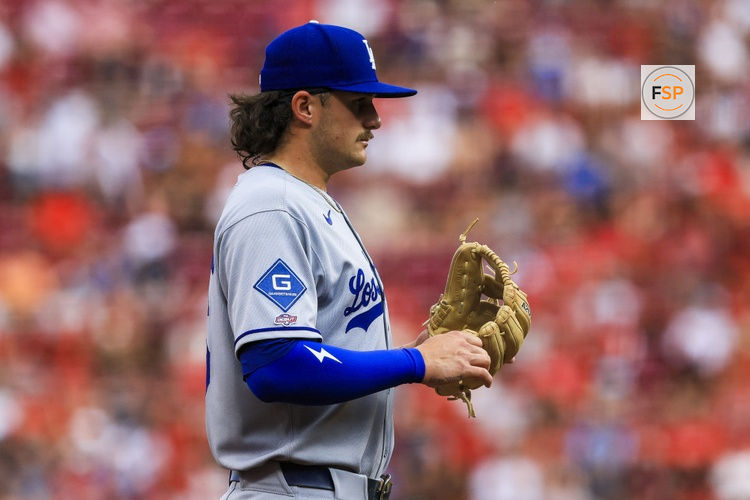 Jul 30, 2025; Cincinnati, Ohio, USA; Los Angeles Dodgers third baseman Alex Freeland (76) prepares for the pitch in the third inning against the Cincinnati Reds at Great American Ball Park. Credit: Katie Stratman-Imagn Images