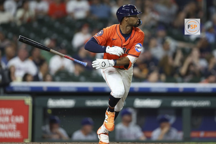 Jul 11, 2025; Houston, Texas, USA; Houston Astros second baseman Brice Matthews (28) bats during the game against the Texas Rangers at Daikin Park. Credit: Troy Taormina-Imagn Images