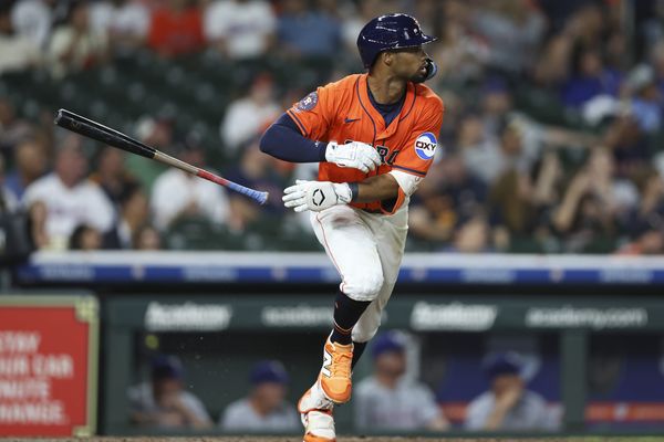 Jul 11, 2025; Houston, Texas, USA; Houston Astros second baseman Brice Matthews (28) bats during the game against the Texas Rangers at Daikin Park. Mandatory Credit: Troy Taormina-Imagn Images