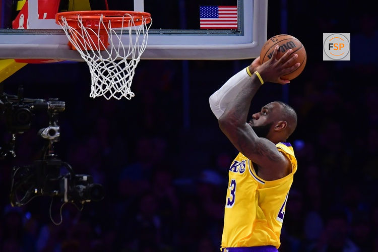 Apr 30, 2025; Los Angeles, California, USA; Los Angeles Lakers forward LeBron James (23) moves in for the dunk against the Minnesota Timberwolves during the second half in game five of first round for the 2025 NBA Playoffs at Crypto.com Arena. Credit: Gary A. Vasquez-Imagn Images