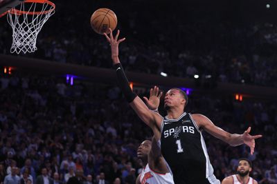 Jun 10, 2026; New York, New York, USA; San Antonio Spurs forward Victor Wembanyama (1) shoots against New York Knicks forward Og Anunoby (8) in the fourth quarter during game four of the 2026 NBA Finals at Madison Square Garden. Mandatory Credit: Brad Penner-Imagn Images