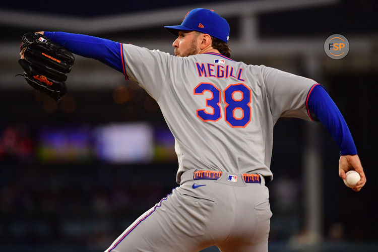Jun 3, 2025; Los Angeles, California, USA; New York Mets pitcher Tylor Megill (38) throws pitch against the Los Angeles Dodgers during the second inning at Dodger Stadium. Credit: Gary A. Vasquez-Imagn Images