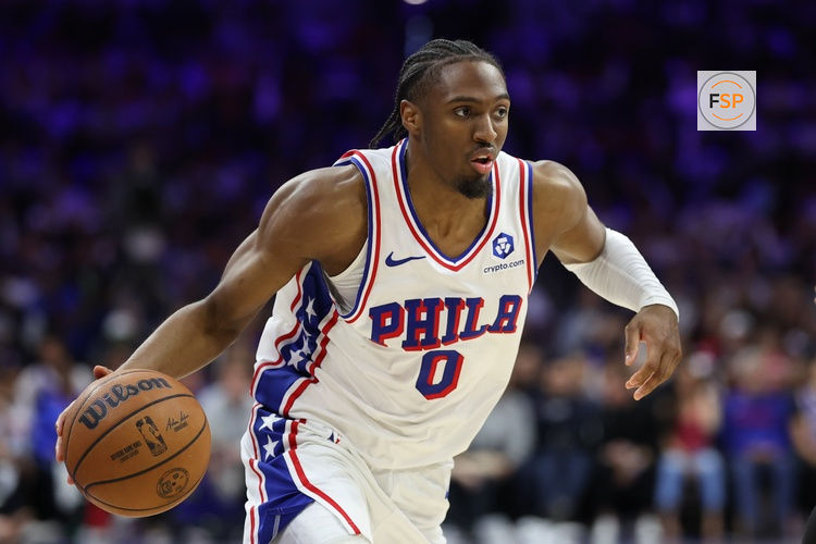 May 8, 2026; Philadelphia, Pennsylvania, USA; Philadelphia 76ers guard Tyrese Maxey (0) controls the ball against the New York Knicks during the third quarter of game three of the second round of the 2026 NBA Playoffs at Xfinity Mobile Arena. Credit: Bill Streicher-Imagn Images