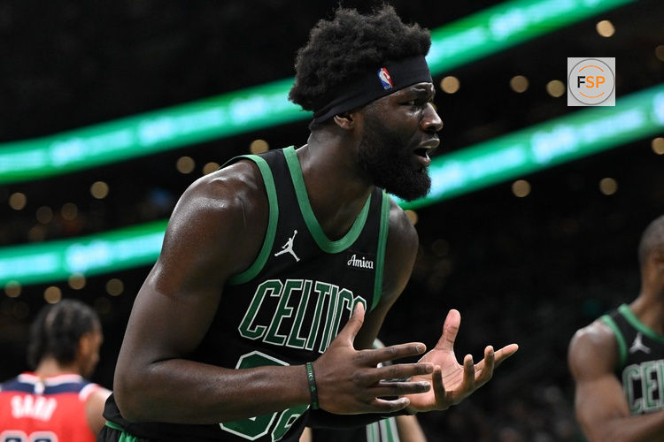 Mar 14, 2026; Boston, Massachusetts, USA; Boston Celtics center Neemias Queta (88) reacts after being called for a foul against the Washington Wizards during the first half at the TD Garden. Credit: Brian Fluharty-Imagn Images