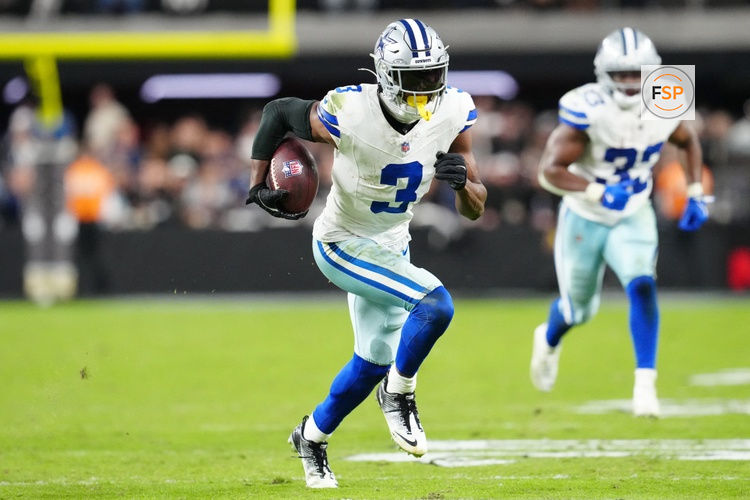 Nov 17, 2025; Paradise, Nevada, USA; Dallas Cowboys wide receiver George Pickens (3) runs to score a touchdown during the first half against the Las Vegas Raiders at Allegiant Stadium. Credit: Stephen R. Sylvanie-Imagn Images
