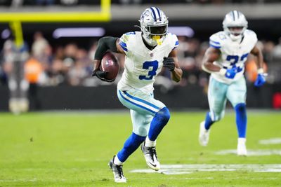 Nov 17, 2025; Paradise, Nevada, USA; Dallas Cowboys wide receiver George Pickens (3) runs to score a touchdown during the first half against the Las Vegas Raiders at Allegiant Stadium. Mandatory Credit: Stephen R. Sylvanie-Imagn Images