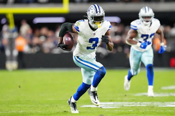 Nov 17, 2025; Paradise, Nevada, USA; Dallas Cowboys wide receiver George Pickens (3) runs to score a touchdown during the first half against the Las Vegas Raiders at Allegiant Stadium. Mandatory Credit: Stephen R. Sylvanie-Imagn Images