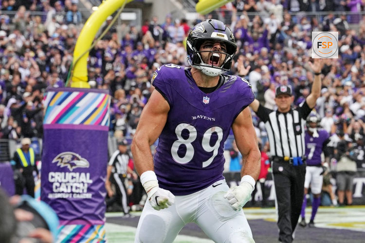 Oct 4, 2026; Baltimore, Maryland, USA;  Baltimore Ravens tight end Mark Andrews (89) reacts after a touchdown during the second quarter against the Tennessee Titans at M&T Bank Stadium.  Credit: Mitch Stringer-Imagn Images