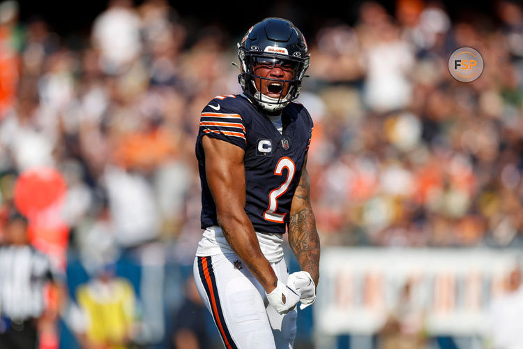 CHICAGO, IL - SEPTEMBER 10: Chicago Bears wide receiver DJ Moore (2) celebrates in the first half during a regular season game between the Green Bay Packers and the Chicago Bears on September, 10, 2023, at Soldier Field in Chicago, IL. (Photo by Brandon Sloter/Icon Sportswire)