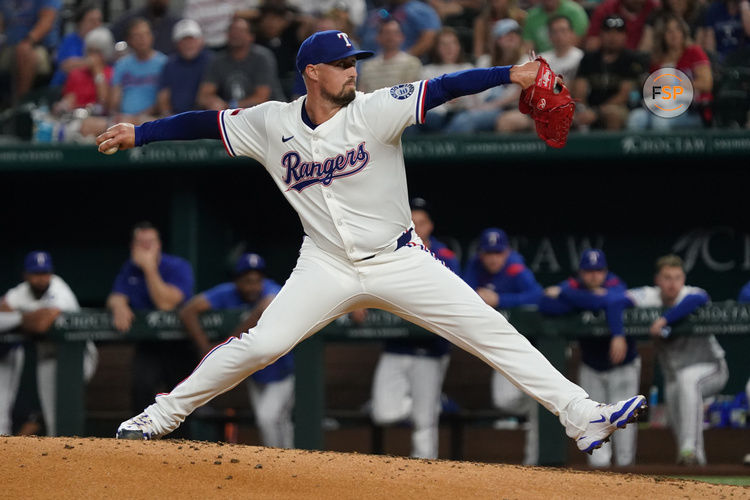 May 15, 2025; Arlington, Texas, USA; Texas Rangers pitcher Shawn Armstrong (43) throws to the plate during the ninth inning against the Houston Astros at Globe Life Field. Credit: Raymond Carlin III-Imagn Images