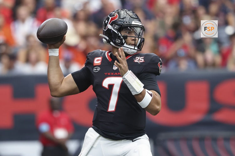 Sep 20, 2026; Houston, Texas, USA; Houston Texans quarterback C.J. Stroud (7) attempts a pass during the game against the Cincinnati Bengals at Reliant Stadium. Credit: Troy Taormina-Imagn Images