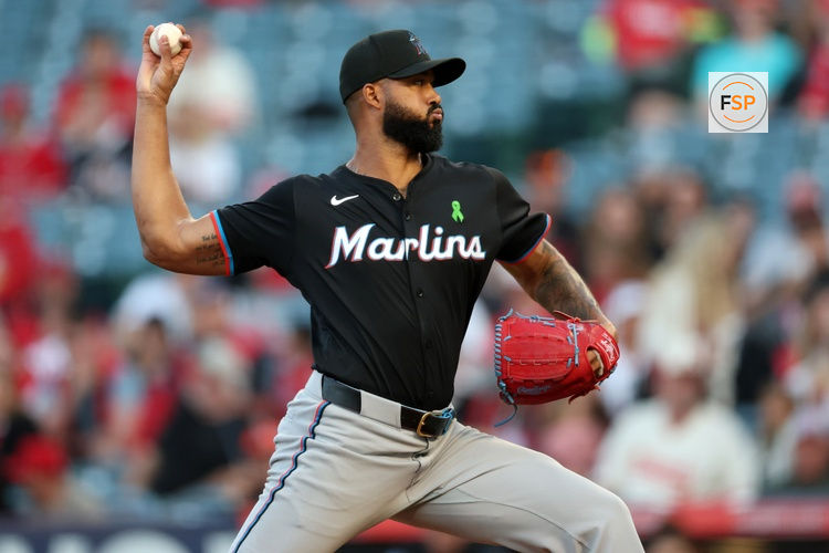 May 23, 2025; Anaheim, California, USA;  Miami Marlins starting pitcher Sandy Alcantara (22) pitches during the second inning against the Los Angeles Angels at Angel Stadium. Credit: Kiyoshi Mio-Imagn Images