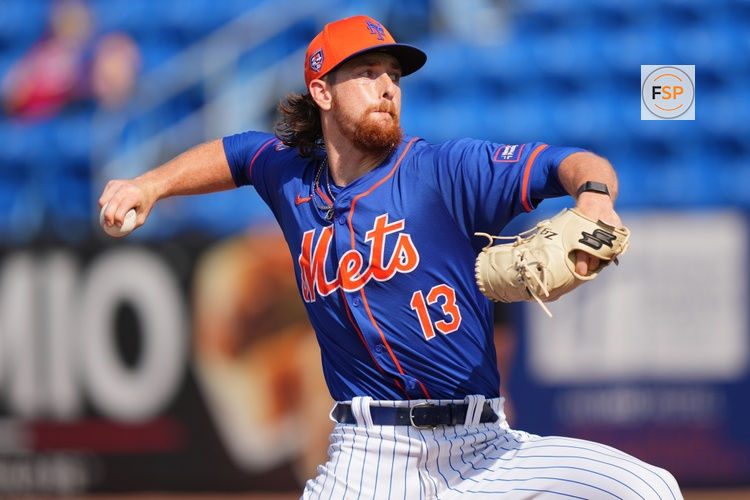 Mar 15, 2024; Port St. Lucie, Florida, USA; New York Mets pitcher Nolan McLean participates in the Spring Breakout game against the Washington Nationals at Clover Park. Credit: Jim Rassol-USA TODAY Sports