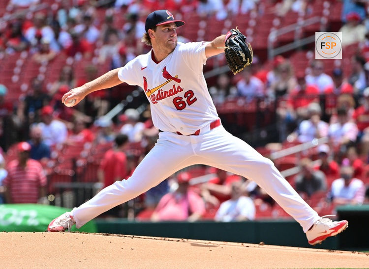 Jun 28, 2026; St. Louis, Missouri, USA; St. Louis Cardinals pitcher Kyle Leahy (62) pitches against the Miami Marlins in the first inning at Busch Stadium. Credit: Tim Vizer-Imagn Images