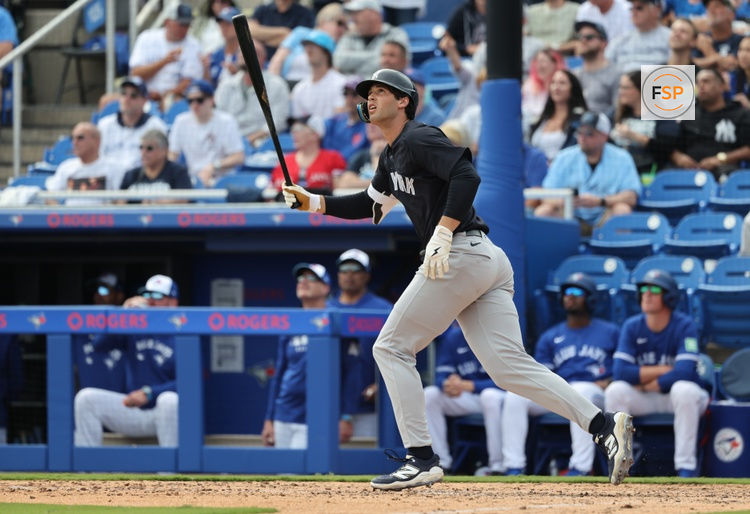 Feb 22, 2025; Dunedin, Florida, USA; New York Yankees center fielder Spencer Jones (78) hits a home run during the sixth inning against the Toronto Blue Jays  at TD Ballpark. Credit: Kim Klement Neitzel-Imagn Images